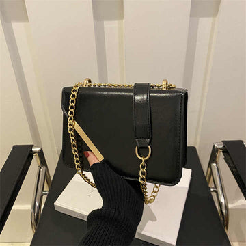 Elegant Black Leather Shoulder Bag with Gold Chain