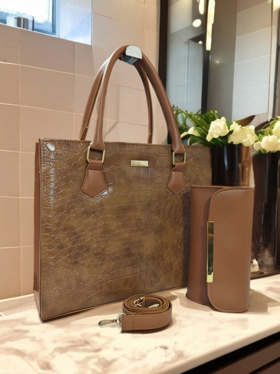 Premium Black Crocodile-Texture Handbag Set (2-in-1)