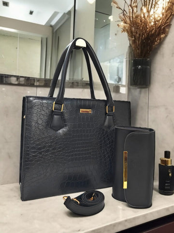 Premium Black Crocodile-Texture Handbag Set (2-in-1)