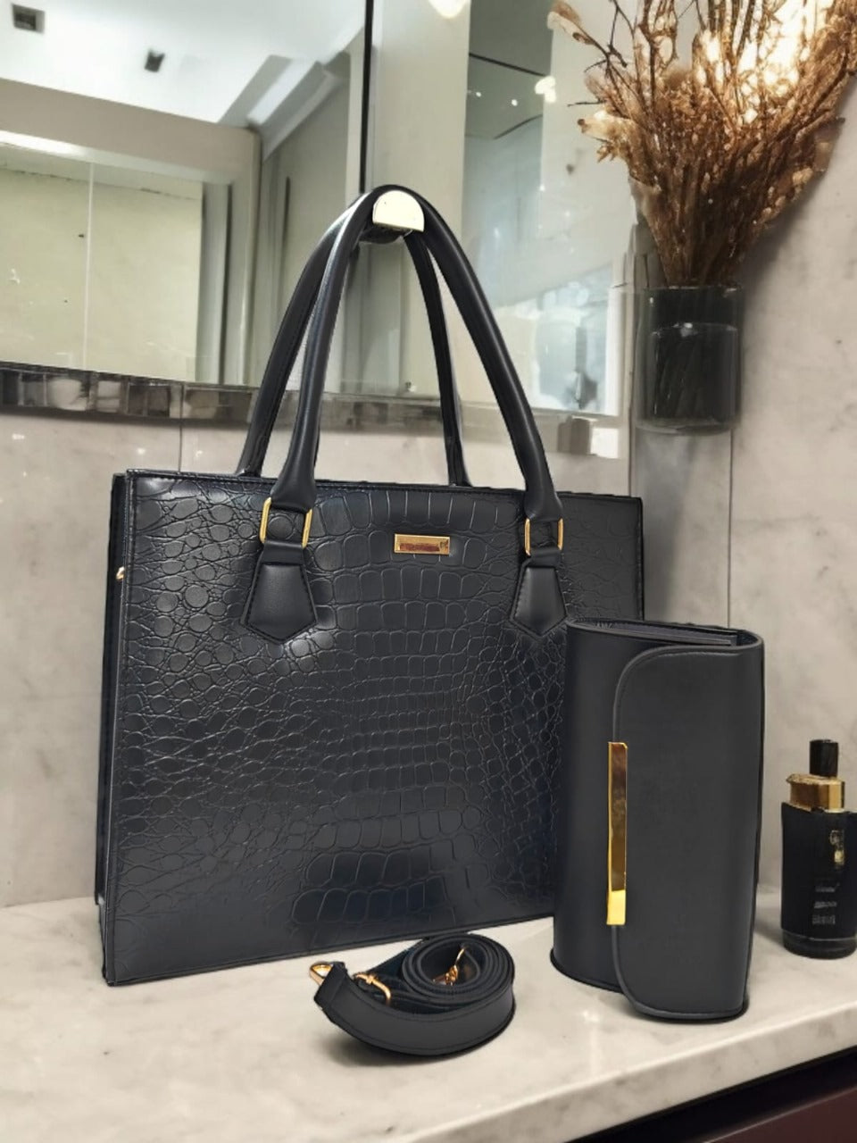 Premium Black Crocodile-Texture Handbag Set (2-in-1)