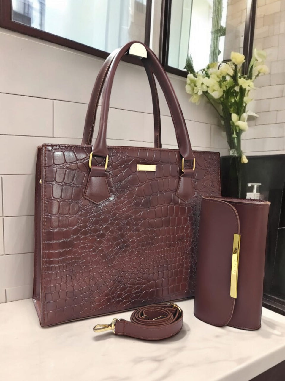 Premium Black Crocodile-Texture Handbag Set (2-in-1)